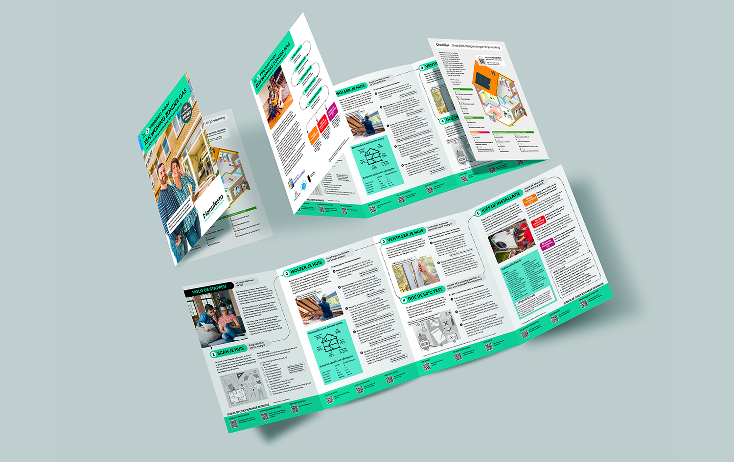 Mock up van de folder, open en dichtgevouwen