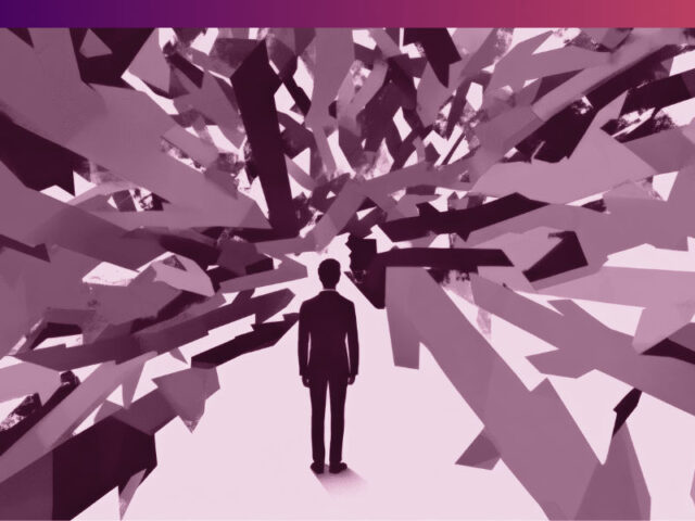 Abstract plaatje van man met wolk van pijltjes