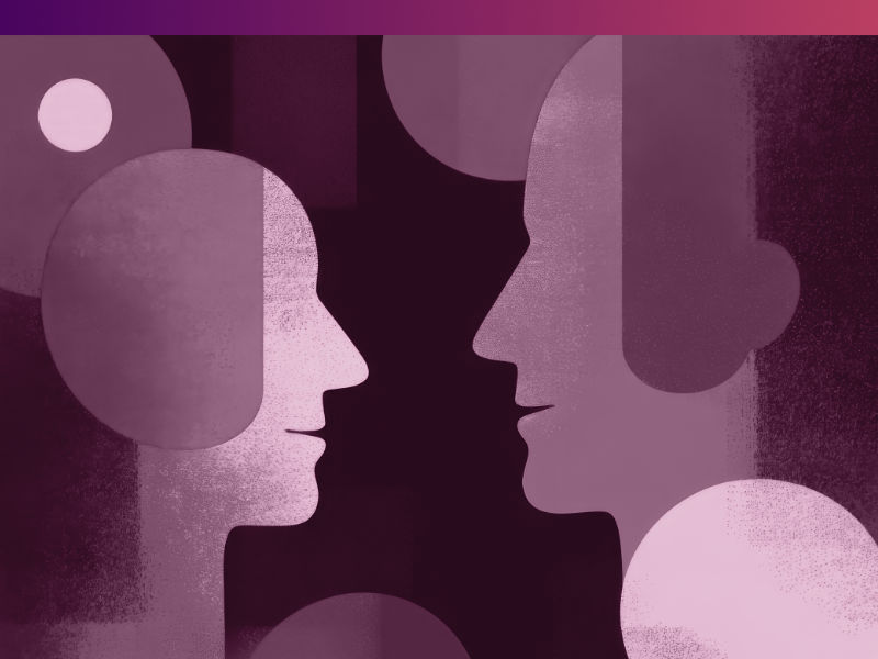 Tekening van twee naar elkaar gerichte gezichten