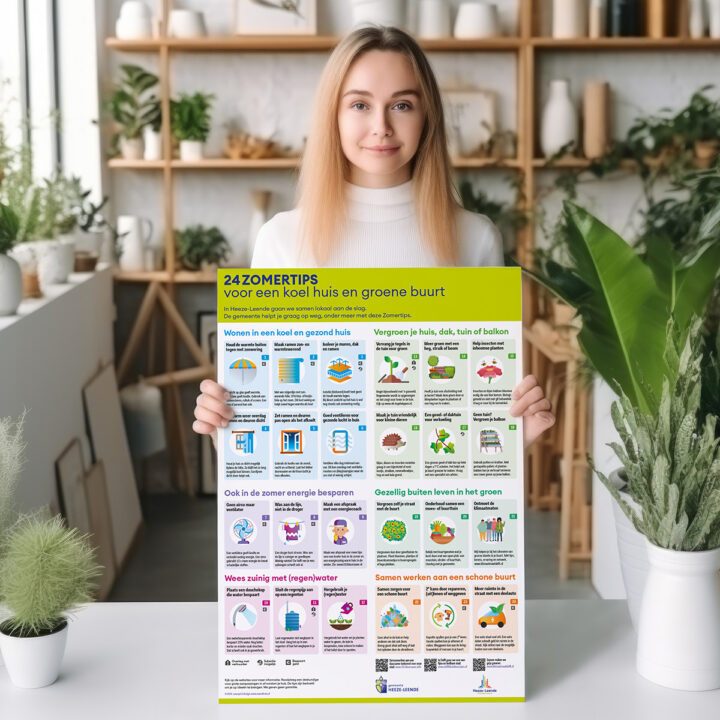 Jonge vrouw omgeven door planten houdt de Zomertips vast